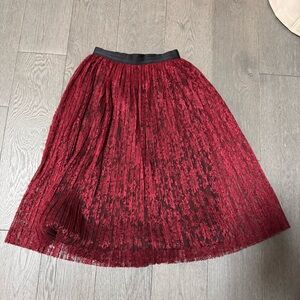 Alice + Olivia Mikaela burgundy red pleated lace midi skirt.